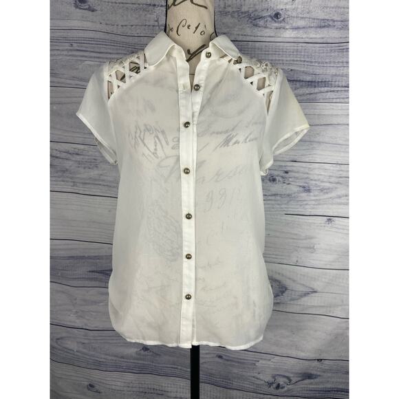 Uno Core Sheer Top Womens S Floral Lace Lattice Back Short Sleeves Collar White - Picture 3 of 10